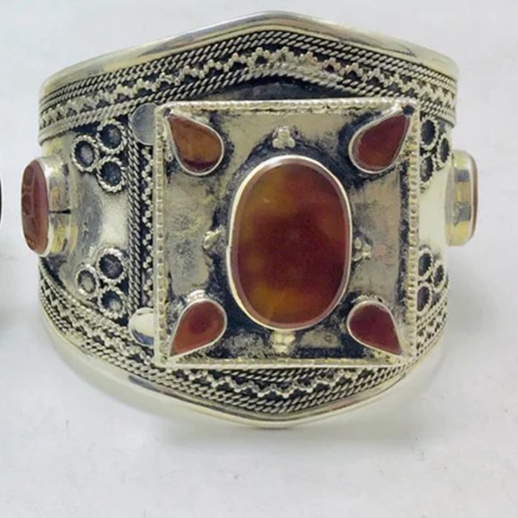 single Handmade Boho Kuchi Cuff Bracelet inlaid With Stones, Tribal Ethnic Cuff - Picture 6 of 6